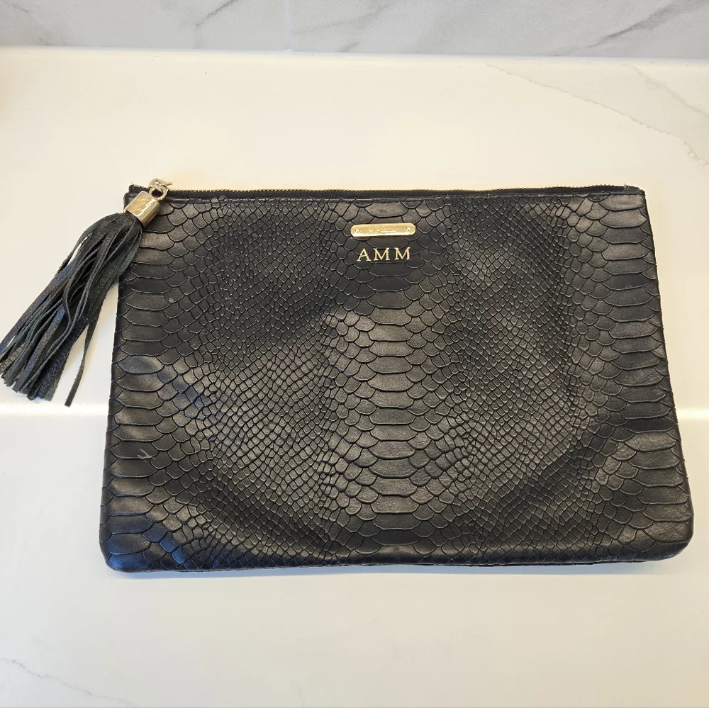 GiGi New York Black Python-Embossed Leather Clutch‎ Black